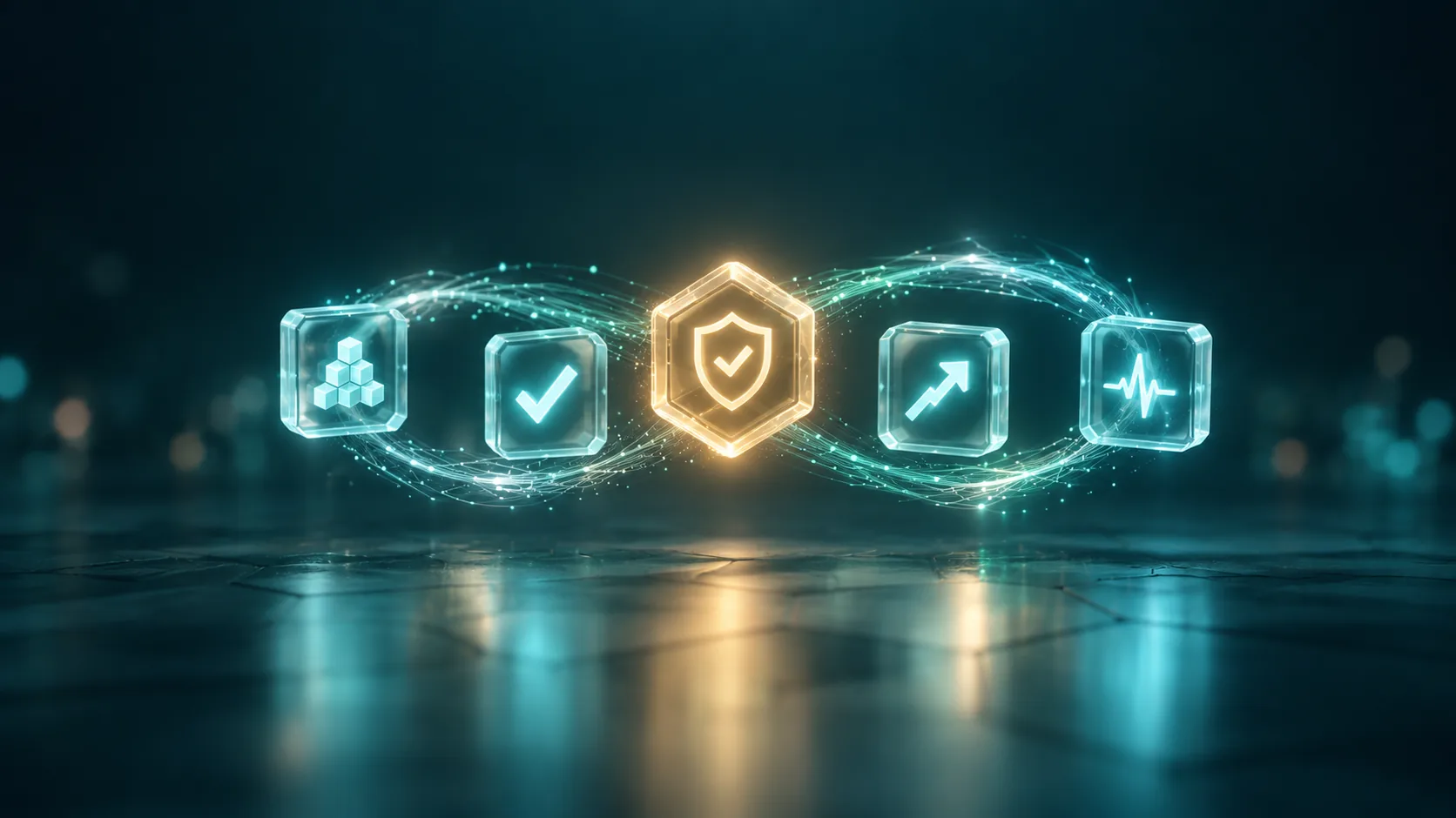 Modules de verre turquoise reliés par une boucle de filaments lumineux sur fond bleu pétrole, avec au centre un badge doré de certification, illustration du cycle de vie d'un agent IA