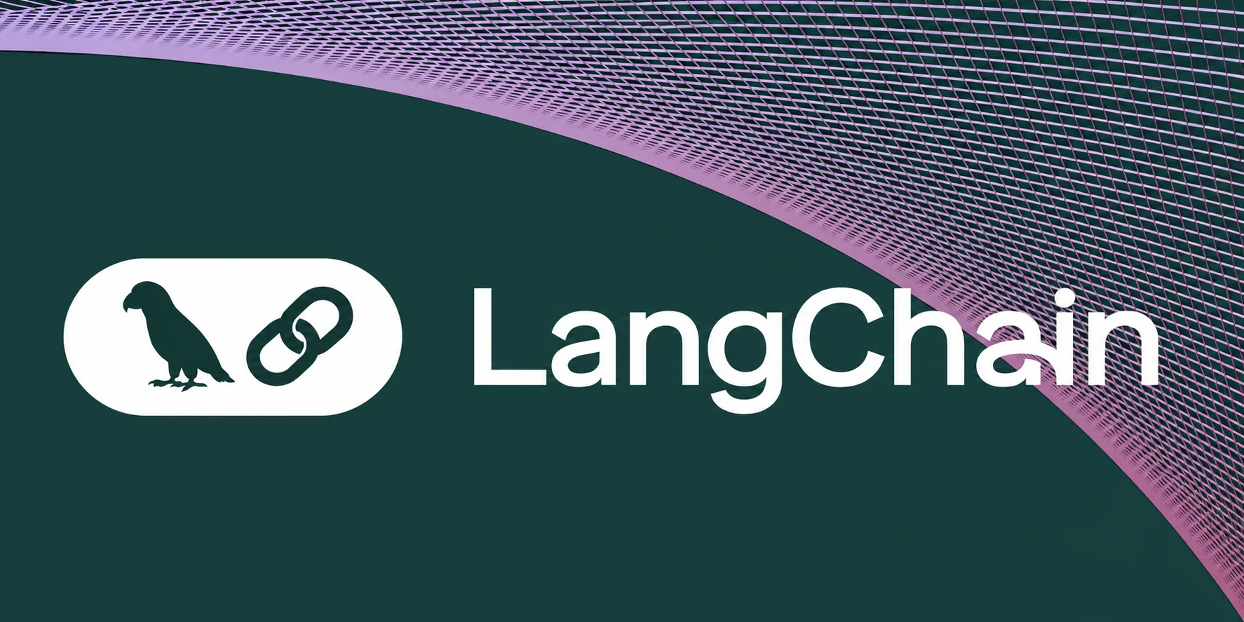Logo LangChain, un perroquet et un maillon de chaîne, en blanc sur fond vert sapin traversé d'une vague de maillage violet