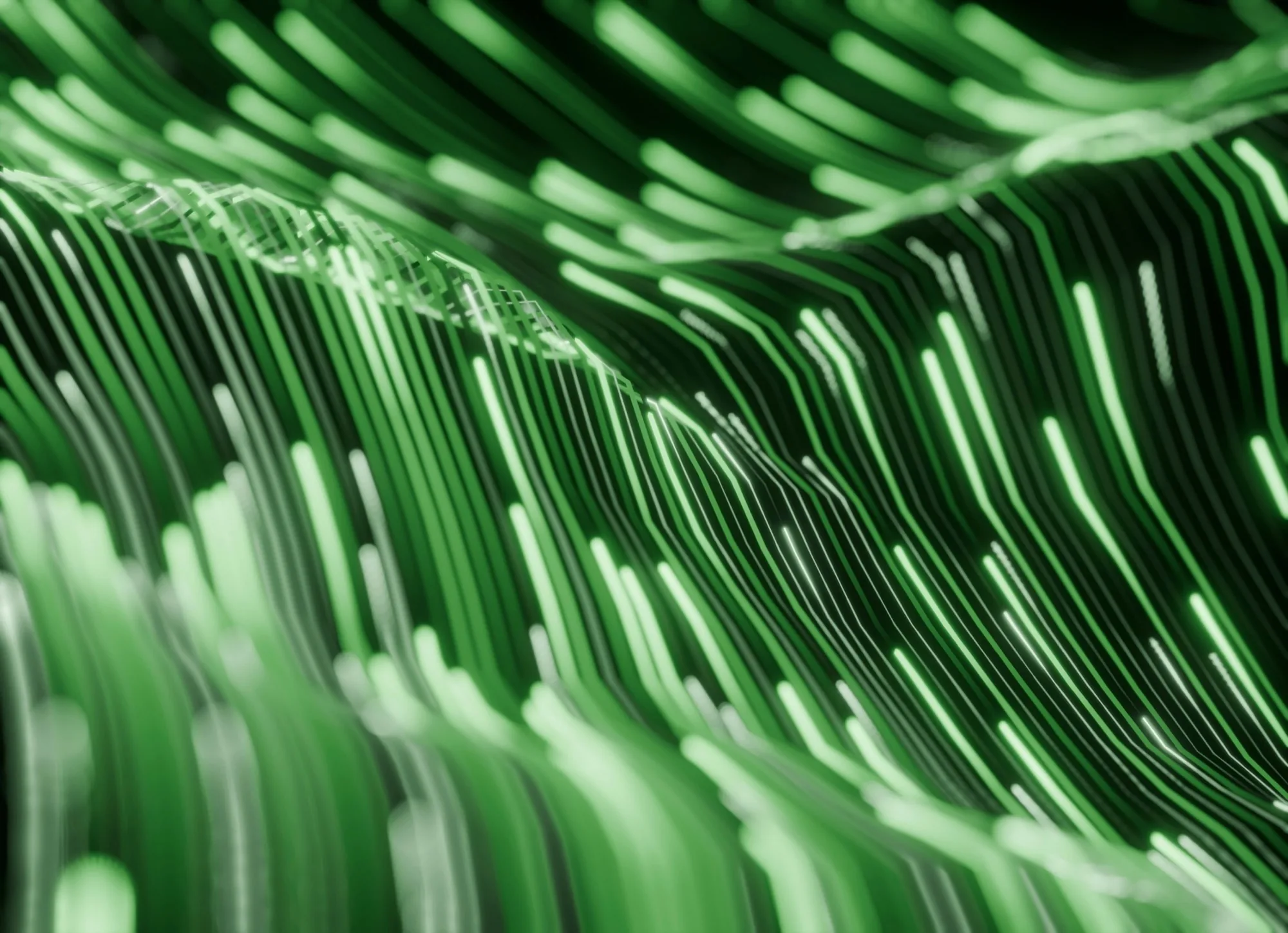 Flux de lignes lumineuses vertes ondulant sur fond sombre, illustration des données circulant de la semantic layer vers les agents IA