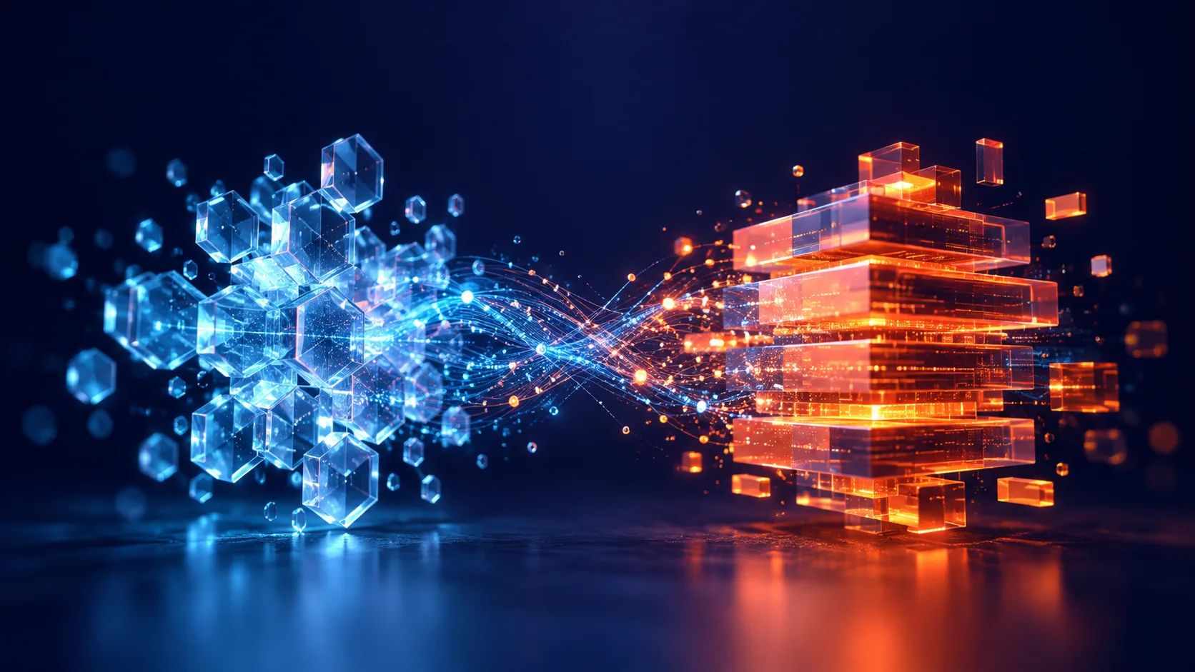 Cristaux hexagonaux bleu glacier et pile de briques orange lumineuses reliés par des flux de données sur fond bleu nuit, illustration de la comparaison entre Snowflake et Databricks